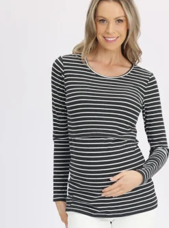 Maternity & Nursing Long Sleeve Top in Black/Grey Stripe