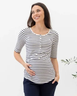 Maternity Nursing Tee with Button Front - Navy Stripes