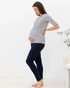 Maternity Nursing Tee with Button Front - Navy Stripes