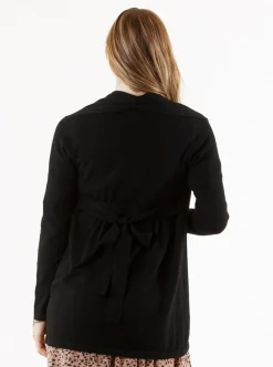 Maternity Roll Collar Knitted Waist Tie Cardigan - Black