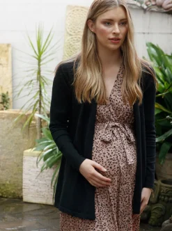 Maternity Roll Collar Knitted Waist Tie Cardigan - Black