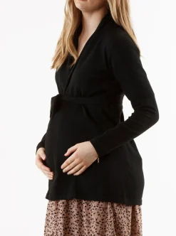 Maternity Roll Collar Knitted Waist Tie Cardigan - Black