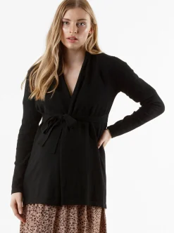 Maternity Roll Collar Knitted Waist Tie Cardigan - Black
