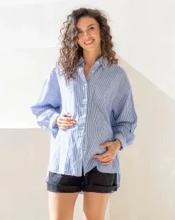 Maternity Roll Up Long Sleeve Shirt - Navy Stripe