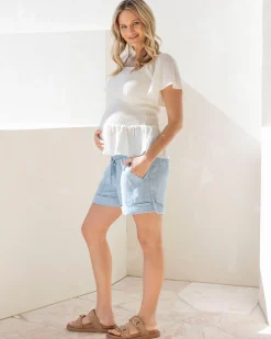 Maternity Summer Peplum Top in Ivory White
