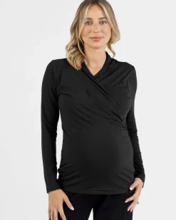 Maternity V-Neck Crossover Bamboo Long Sleeve Top in Black
