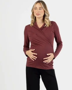 Maternity V-Neck Crossover Bamboo Long Sleeve Top in Maroon