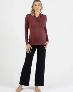 Maternity V-Neck Crossover Bamboo Long Sleeve Top in Maroon