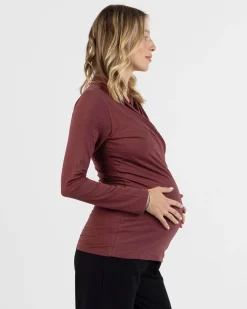 Maternity V-Neck Crossover Bamboo Long Sleeve Top in Maroon