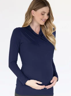 Maternity V-Neck Crossover Bamboo Long Sleeve Top in Navy