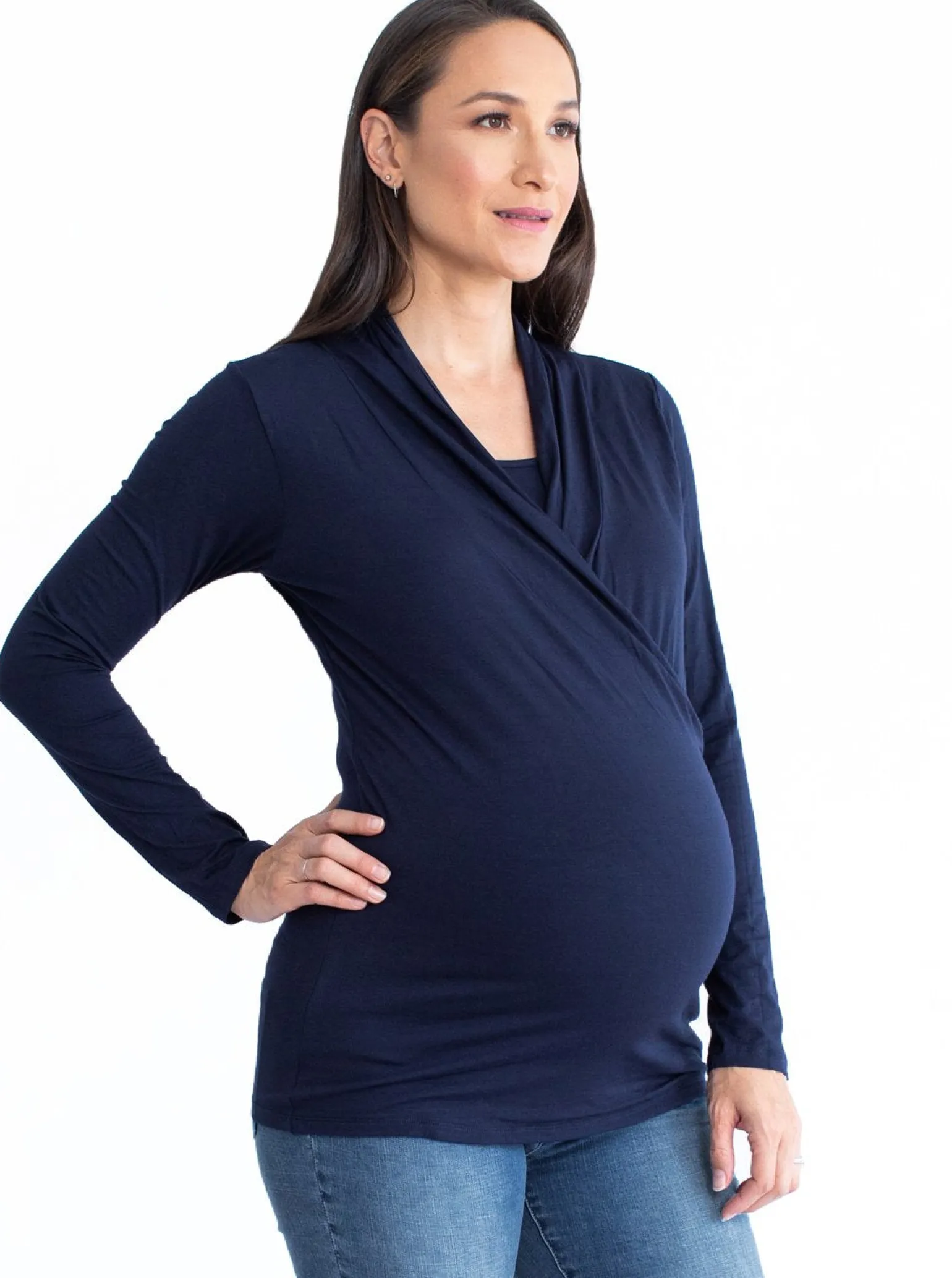 Maternity V-Neck Crossover Bamboo Long Sleeve Top in Navy