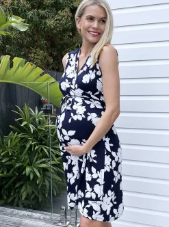 Maternity Wrap Dress in Navy & White Flowers