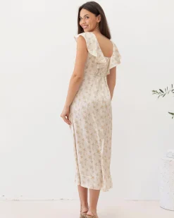 Mika Maternity Ruffle Dress in Cream Floral Silky