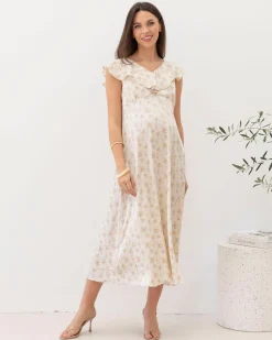 Mika Maternity Ruffle Dress in Cream Floral Silky