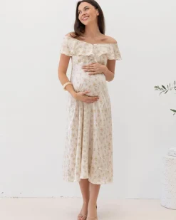Mika Maternity Ruffle Dress in Cream Floral Silky