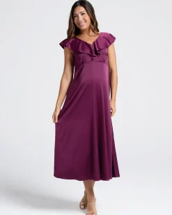 Mika Maternity Ruffle Silk Dress in Wine
