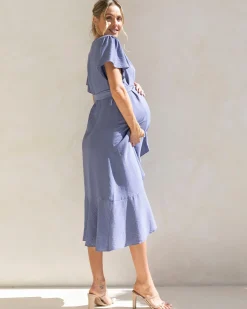 Molly Maternity Wrap Midi Dress In Iris Blue