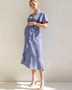 Molly Maternity Wrap Midi Dress In Iris Blue