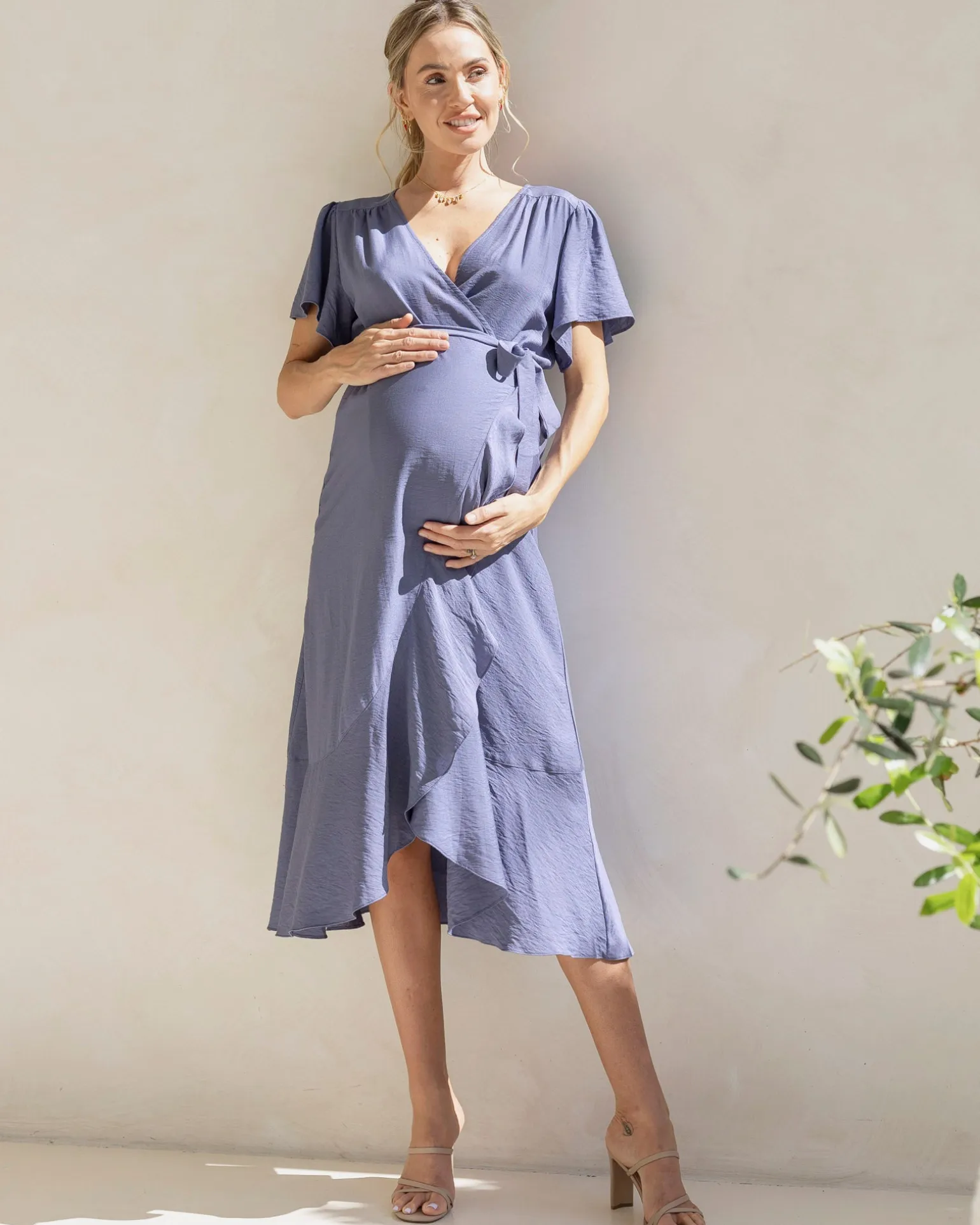 Molly Maternity Wrap Midi Dress In Iris Blue