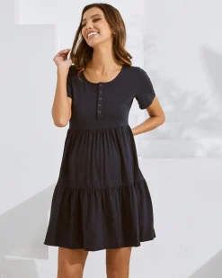 Navy Short Sleeve Maternity Tiered Dress