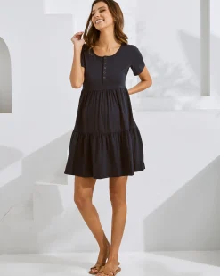 Navy Short Sleeve Maternity Tiered Dress