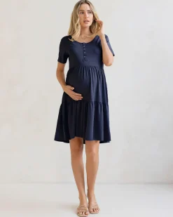Navy Short Sleeve Maternity Tiered Dress
