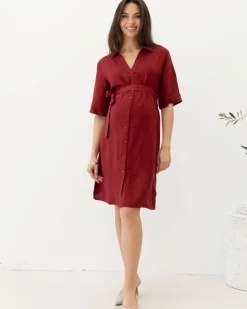 Nora Maternity Tie Waist Linen Dress in Burgundy