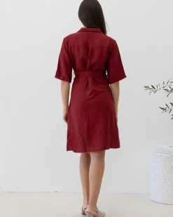 Nora Maternity Tie Waist Linen Dress in Burgundy