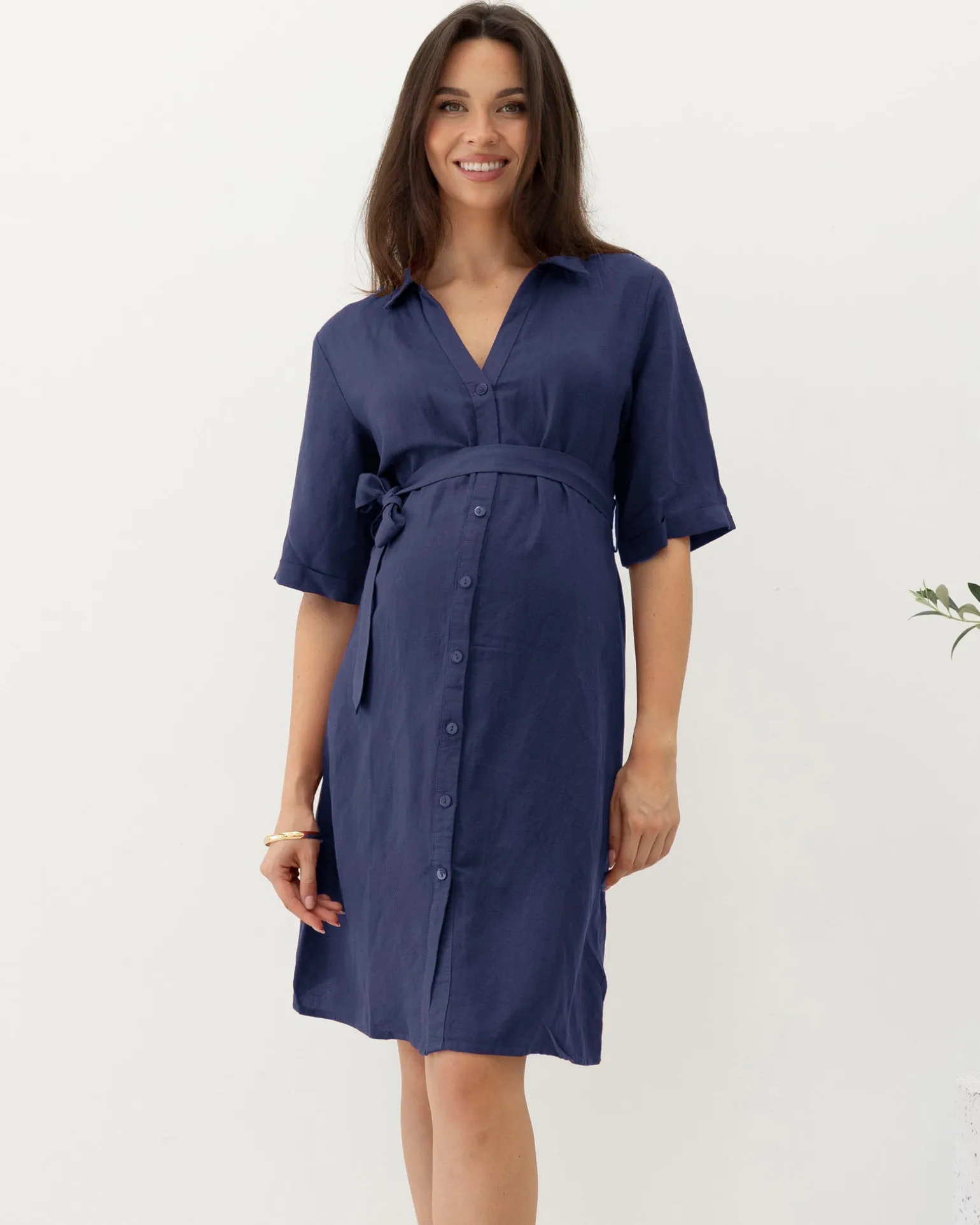 Nora Maternity Tie Waist Linen Dress in Navy