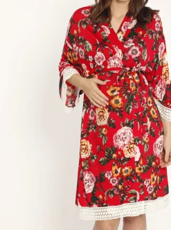 Nursing Dress + Robe + Free Baby Wrap - Red Floral Hospital Pack