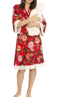 Nursing Dress + Robe + Free Baby Wrap - Red Floral Hospital Pack