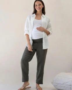 Pamela Tapered Linen Maternity Pants in Khaki