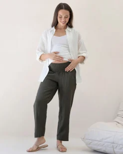 Pamela Tapered Linen Maternity Pants in Khaki
