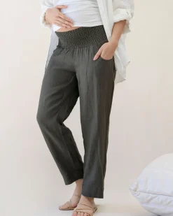 Pamela Tapered Linen Maternity Pants in Khaki