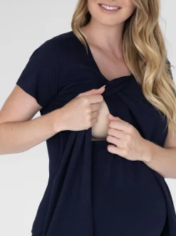 Petal Front Short Sleeve Nursing Top in Navy