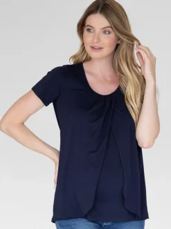 Petal Front Short Sleeve Nursing Top in Navy