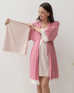 3-Piece Maternity Hospital Pack Set: Nursing nightie + Robe + Baby wrap In Pink