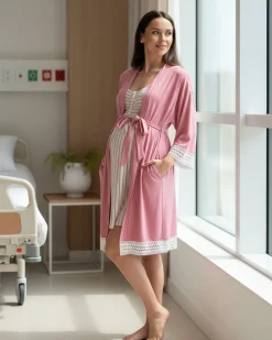 3-Piece Maternity Hospital Pack Set: Nursing nightie + Robe + Baby wrap In Pink