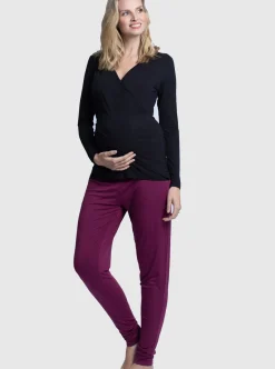 4-Piece Maternity & Nursing Lounge Outfit Set - Black & Burgundy