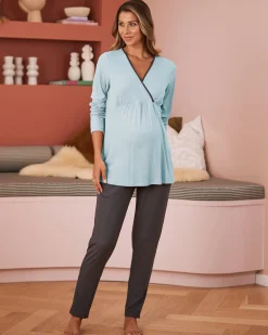 2 Piece Maternity/ Nursing Pajama Set in Blue/Grey