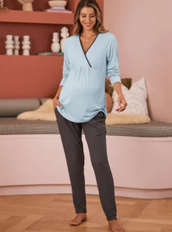 2 Piece Maternity/ Nursing Pajama Set in Blue/Grey
