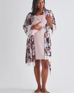3 Pieces Hospital Pack: Nursing Nightie + Robe - Pink Floral