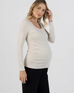 Rib Essential Long Sleeve Maternity Top in Stone