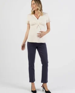 Sabine Soft Ponte Maternity V-Neck Work Top in Beige