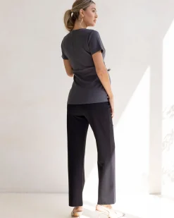 Sabine Soft Ponte Maternity V-Neck Work Top in Slate Grey