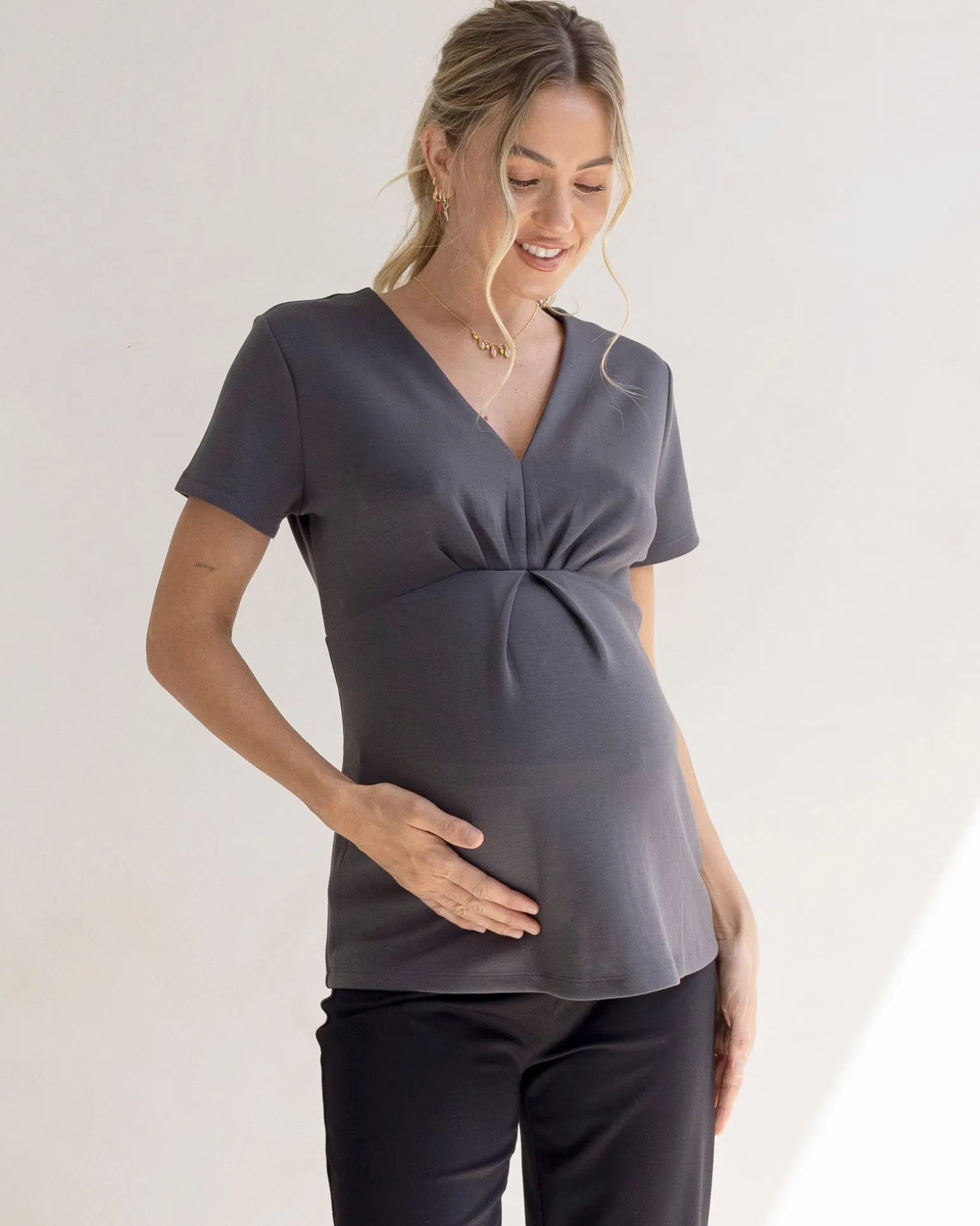 Sabine Soft Ponte Maternity V-Neck Work Top in Slate Grey