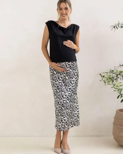 Satin Maternity Midi Skirt in Abstract Print