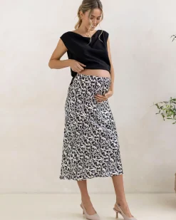 Satin Maternity Midi Skirt in Abstract Print