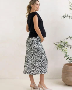 Satin Maternity Midi Skirt in Abstract Print