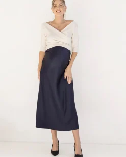 Sheena Maternity Satin-Finish Midi Work Skirt in Navy